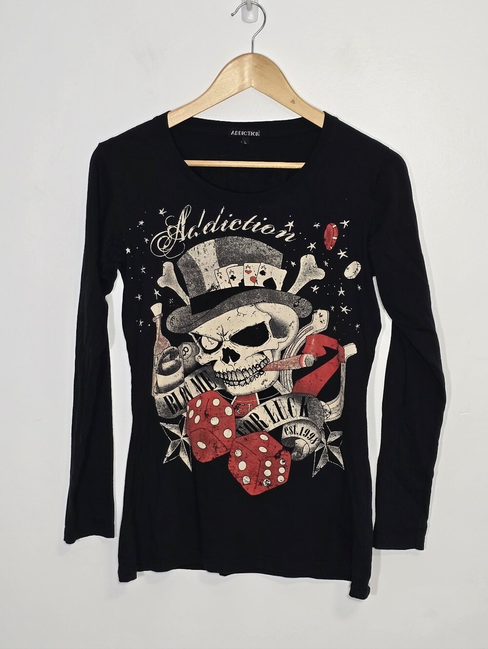 Addiction Black 100% Cotton Skull Long Sleeve Red Dice Shirt Large